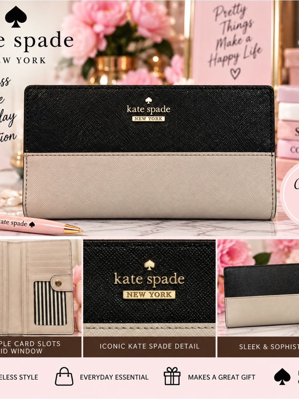 kate spade Two-Tone Black and Beige Saffiano Continental Wallet